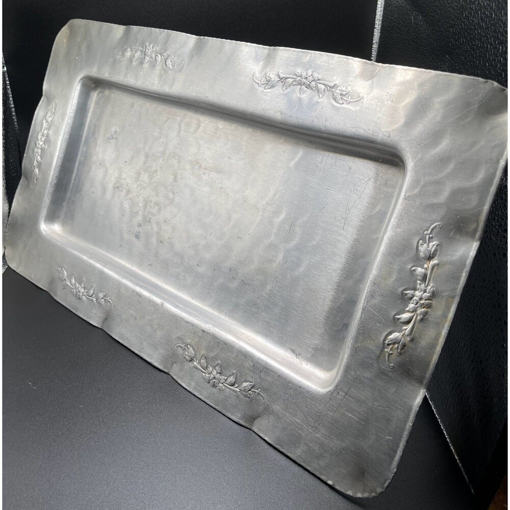 Vintage Hand Forged Hammered Aluminum Rectangular Tray Floral